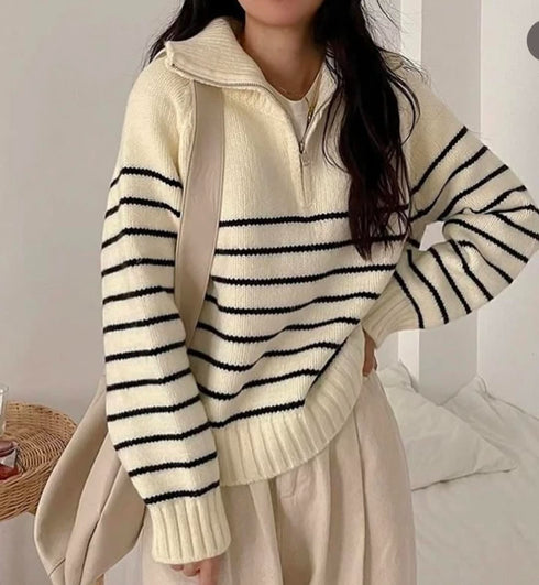 Heavy Knitted Collar Zip Stripes Pullover